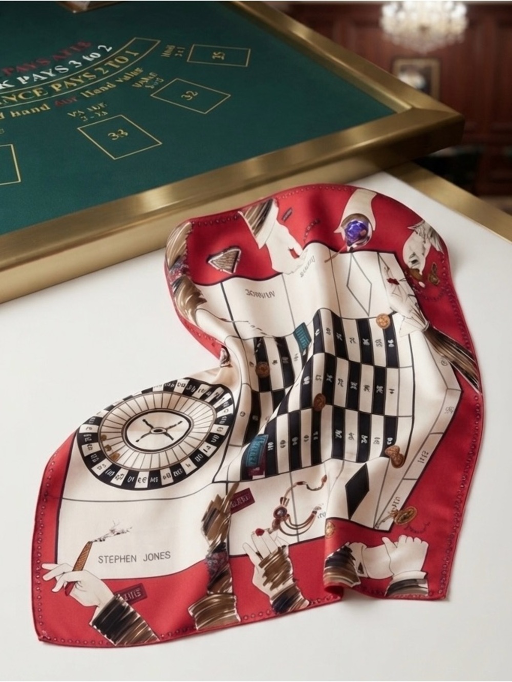 Rare Vintage Scarf with Casino Scene 100% silk by British Designer Stephen Jones